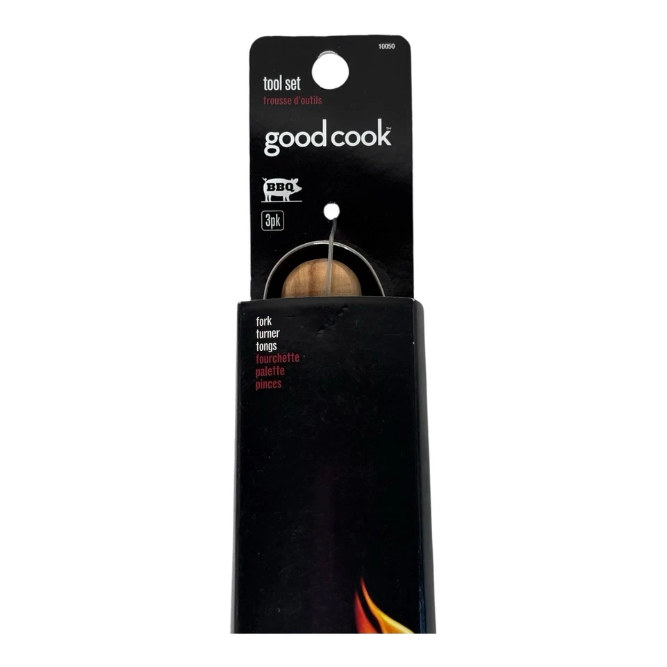 Good Cook BBQ Tool Set 3 Piece Fork Turner Tongs Stainless Steel Wood Handle New - Image 4 of 4