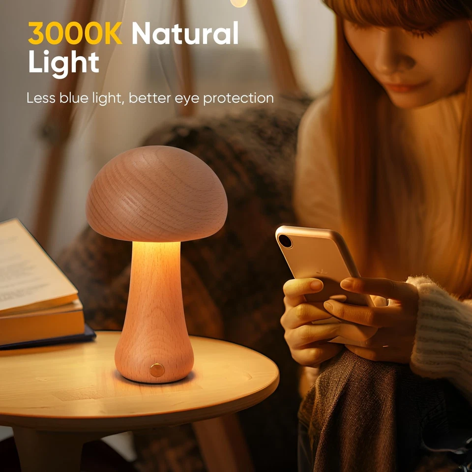 Small Wood Mushroom Lamp, LED Cordless Bedside Touch, Portable Dimmable Batte - Image 2 of 4