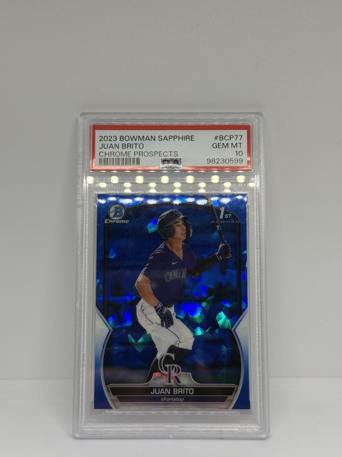 PSA 10 2023 Bowman Sapphire Juan Brito Chrome 1st Prospect #BCP-77 Rockies