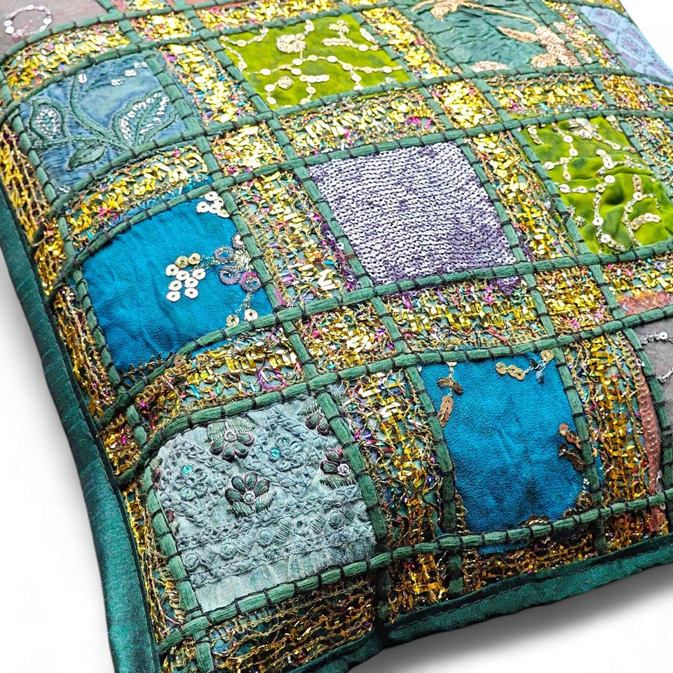 Handmade Indian Patchwork Decorative Cushion Cover - 16"x16" Boho Throw Pillow - Image 3 of 4