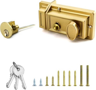 Night Latch Deadbolt Rim Lock with Key Gold Finish Antique Style Lock Door Key