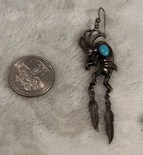 Vintage Native American Kokopelli Flute Player STERLING / Turquoise Mono Earring - Bild 2 von 7