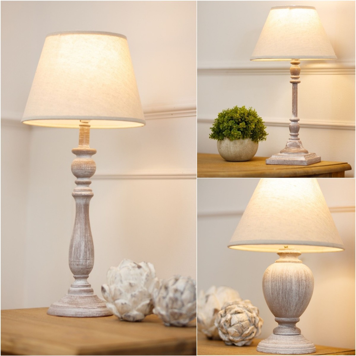 Rustic Wooden Table Lamp with Linen Shade Modern Country Farmhouse