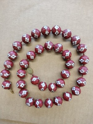 Vintage Chinese Cinnabar Lacquer Cloisonne Enamel Inlay 30 '' Bead Necklace