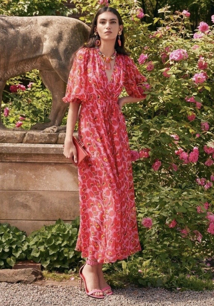 Carolina Herrera New Floral Print V Neck Silk Chiffon Midi Dress Sz 6 $2,690.00
