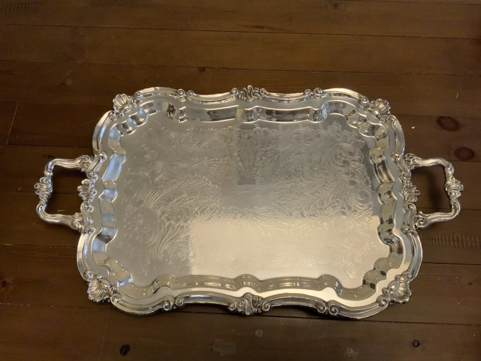 Toalha vintage retangular prata bandeja prato pés alças 25 x 15 rolagem - Imagem 4 de 4