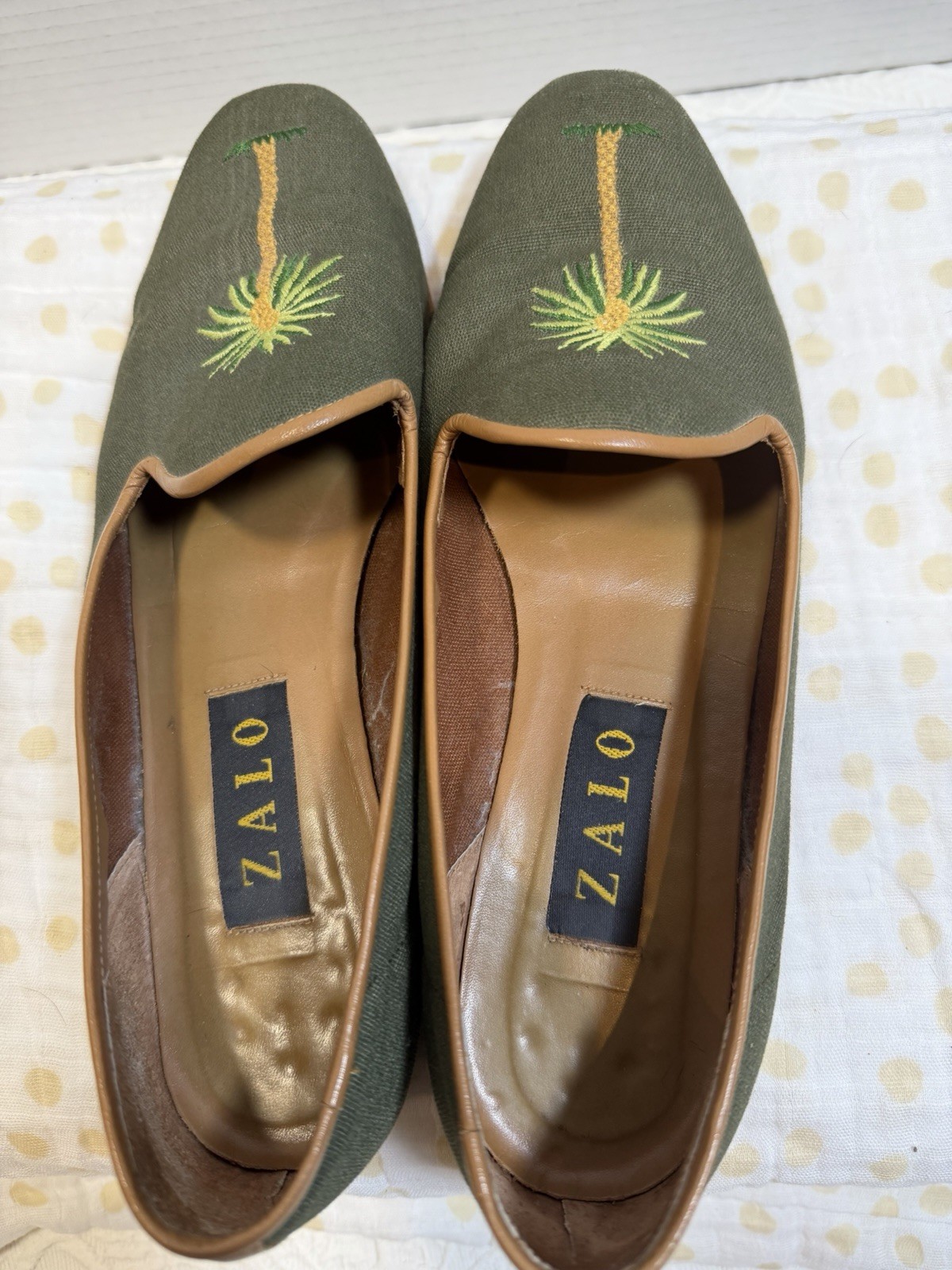 Zalo Slip-on Embroidered Palm Tree Canvas Olive Flats 9 M Resort