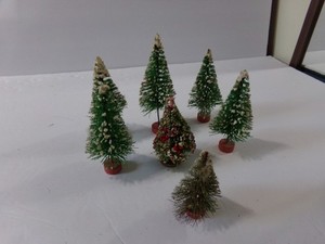 7 VINTAGE BOTTLE BRUSH SNOW CAPPED CHRISTMAS TREES VARIOUS SIZES 1 DECORATED