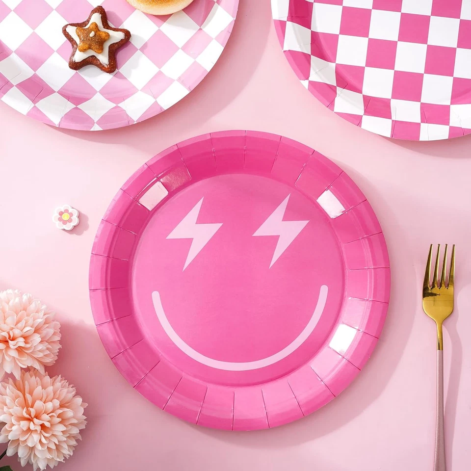 32 Piezas Platos de Papel Preppy Cara de Sonrisa Platos Desechables 9 Pulgadas Rosa Decorativos D Foto 3 de 4