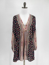 Free People Brown Floral Crochet Trim Bohemian Short Tunic Dress Sz XS