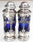 Antique Siver Cobalt Blue Glass Liner Salt Cellars Pepper Shakers Set Urn Griffi — photo 4
