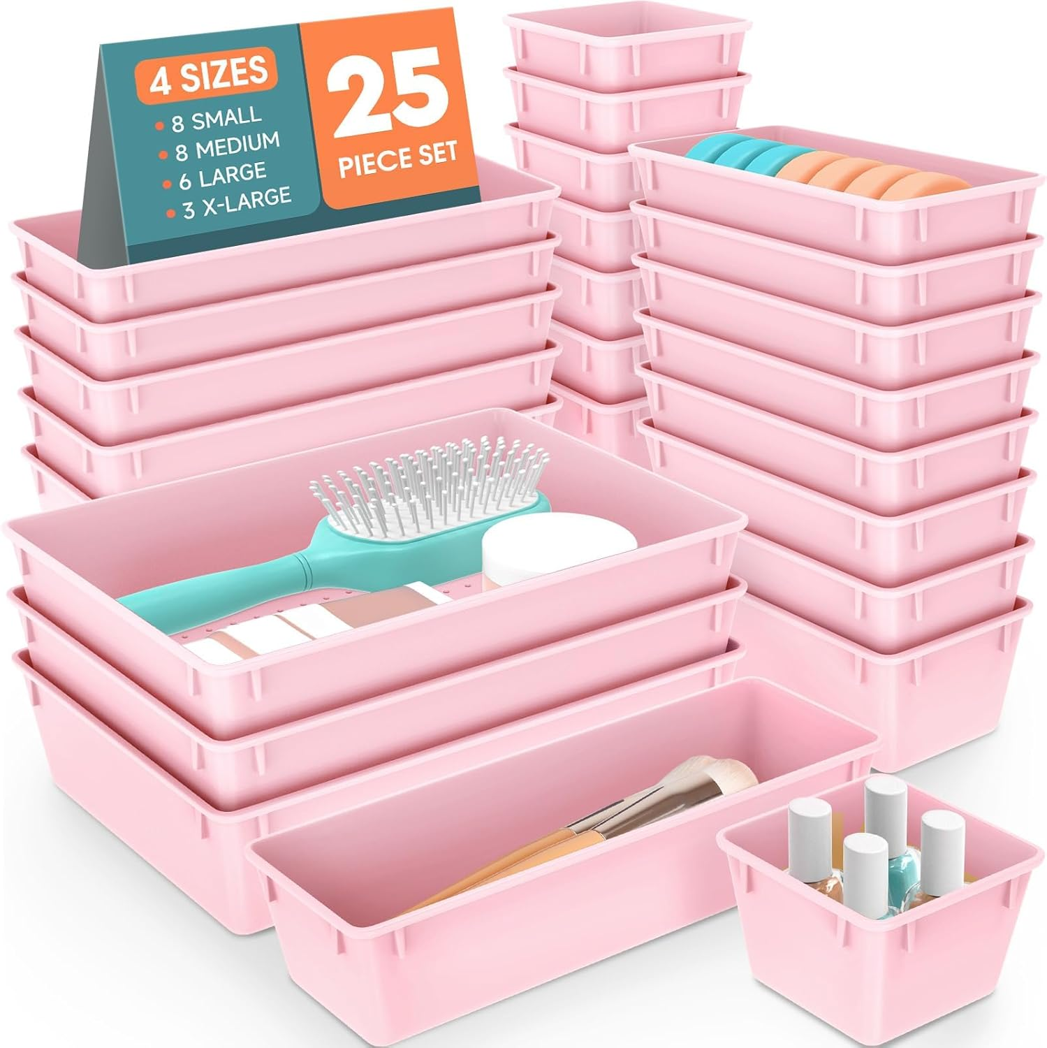 25-Piece Plastic Drawer Organizer Set - 4-Size Versatile Storage Trays