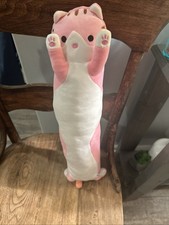 Long Cat plush pillow toy in pink and white