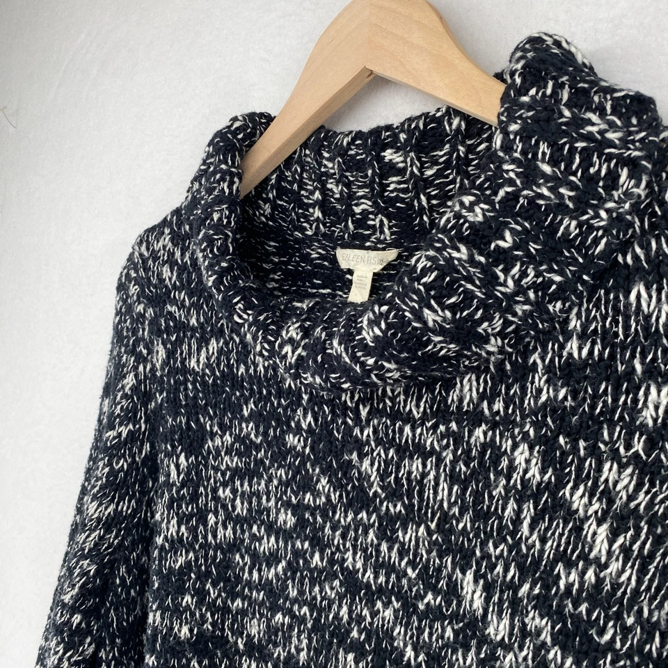 Suéter EILEEN FISHER XL Algodón Orgánico Mármol Grueso Cuello Alto Pullover Negro Foto 4 de 4
