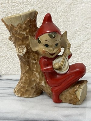 RARE VTG 1950s MCM Red Pixie Elf Leaning On Tree Playing Guitar Vase 5.5'' H