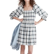 Madewell Women’s Lucie Smocked Mini Dress Small Lebaum Plaid 3/4 Sleeve Preppy