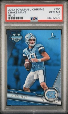 2023 Bowman University Chrome Drake Maye #200 Blue Refractor /199 Rookie PSA 10