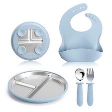 Blue Kids Plate  Spoon Set, Stainless Steel, Non-Slip, Dishwasher Safe, BPA ...