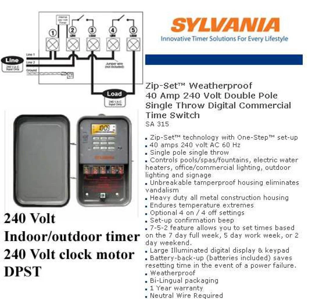 SYLVANIA SA315 ZIP WEATHERPROOF INDUSTRIAL TIME SWITCH 40A 240V 2 POLE 1 THROW