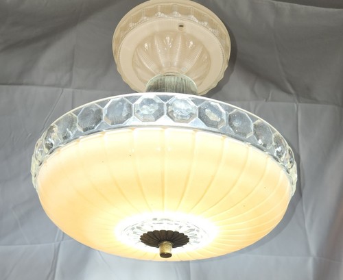 Art Deco Cast Glass Light Fixture Semi Flush Mount Pink & Clear, 1940s Antique