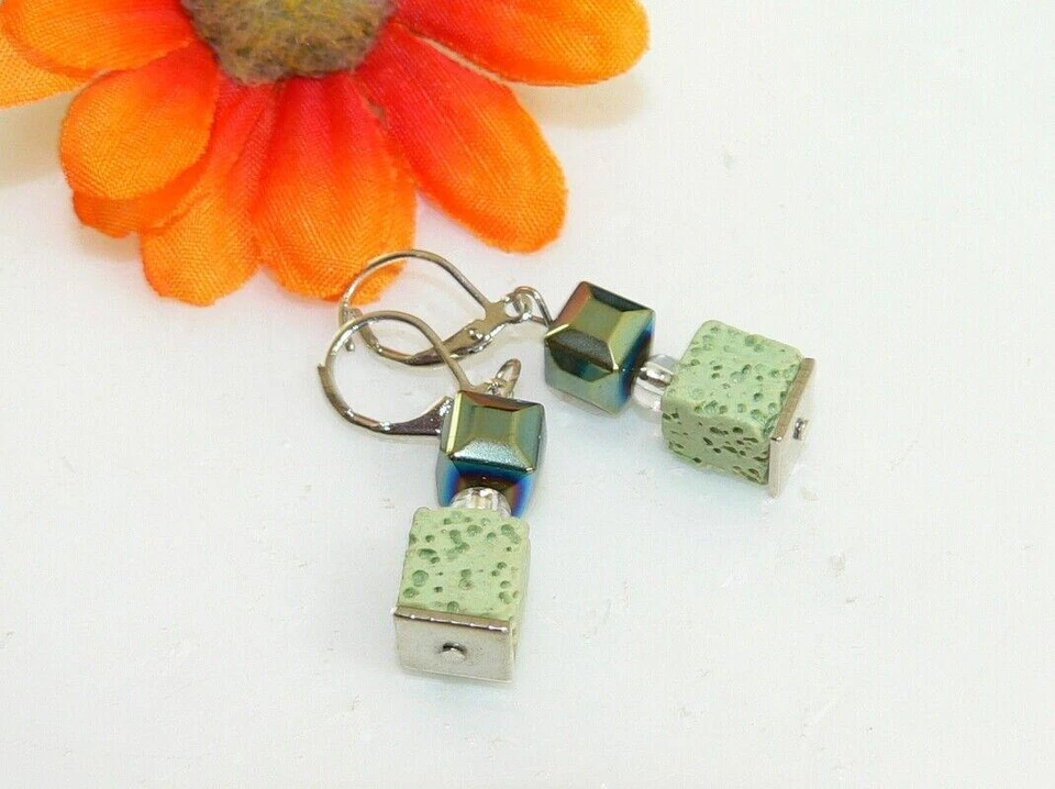 Ohrring Ohrschmuck Ohrhänger Lava grün peridot Hämatit petrol Edelstahl 113c - Bild 3 von 4