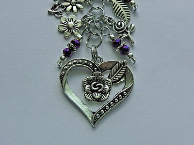 PURPLE BEADS FLOWER HEART FLOWERS USA FLAG KEY CHAIN PURSE CHARM BAG CLIP FOB