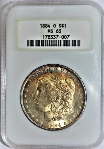 1884-O Morgan Silver Dollar Coin NGC MS-63 Rainbow Toning
