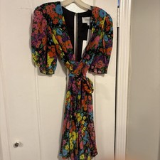 Les Reveries Silk Floral Bubble Sleeves Mini Dress Made in USA 10 NWT