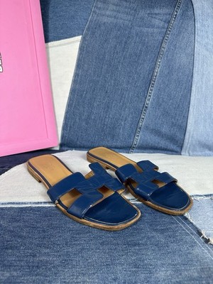 Hermes Oran Leather Flip Flops Blue Shoes EU38 Sandals Patent Leather Flat Slide