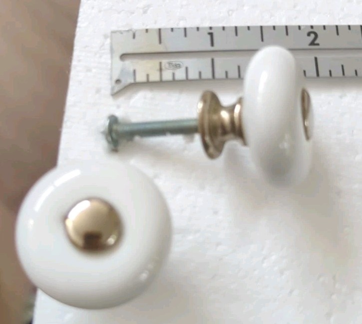 lot of 2 White Ceramic & metal round 1.25" diameter pulls with hardware, New 