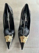 VERSACE Women Black Pumps Leather Logo Embroidery Solid High Heels Shoes - NEW