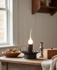 Primitive Colonial Tin Cottage Chamberstick Kettle Black w/ Silicone Light Bulb