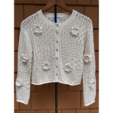 COTTON EMPORIUM Ivory Patchwork Knit Cardigan Floral Crochet Applique Size M