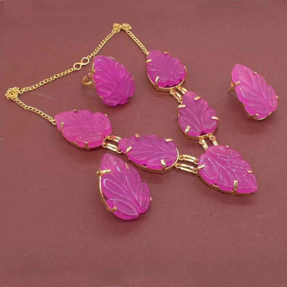 Brinco de ouro escultura folha ônix rosa exclusivo conjunto de joias anel b945 - Imagem 2 de 4