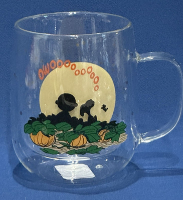 Williams Sonoma Peanuts Double Wall GLASS Coffee Mug 16 OZ The Great Pumpkin