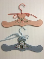 Pink Blue Wooden Child  s Girls Kids Clothes Hangers Floral Roses Painted Signed
