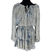 LoveShackFancy Blue Floral Silk Tiered Mini Dress Smocked Blouson Sheer S Gray
