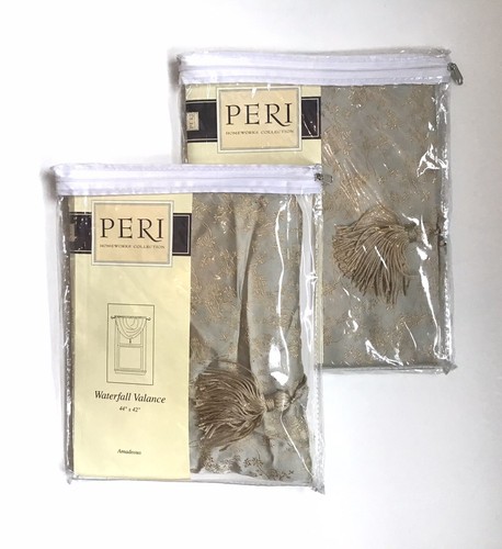 Peri Homeworks 2 PCs Gray Taupe Waterfall Curtain Valance Gold Amadeous NEW - Picture 1 of 8