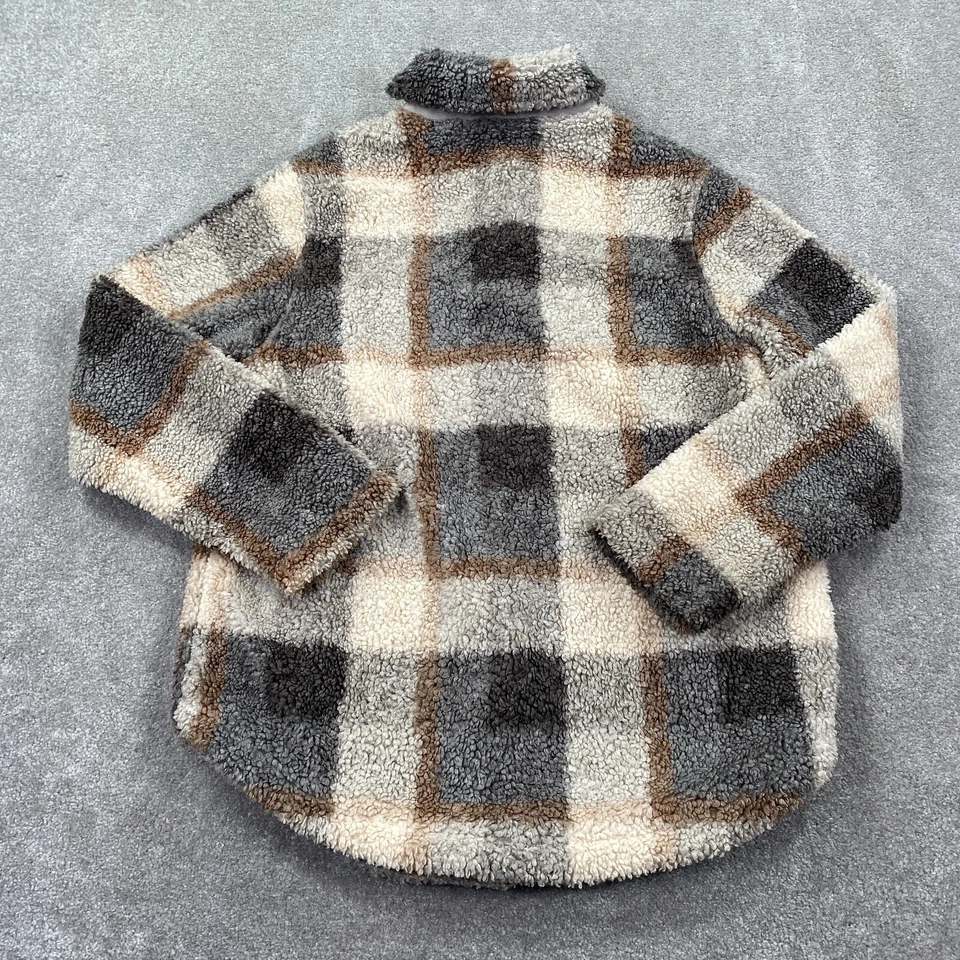 Hollister Teddy Plaid Faux Sherpa Lined Pea Coat Women's Size S Ivory Gray - Image 2 of 4