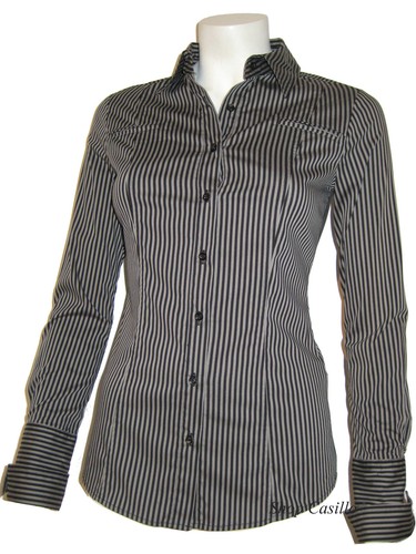 Camicia Camicetta Donna Manica Lunga Avvitata Slim Fit Righe Maglietta Jeans  S M | eBay