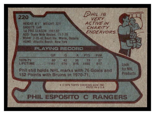 1979 Topps Hockey #220 Phil Esposito 125E - Picture 2 of 2