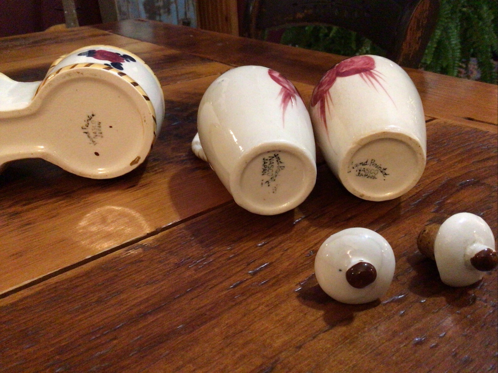 Vintage Hand Painted Nasco Japan Oil & Vinegar Cruet Set w/ Handled Caddy-Holder