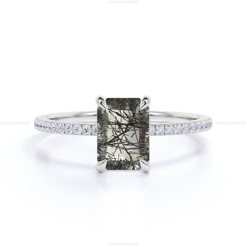 Wedding Band Engagement Ring 14k Gold Rutilated Quartz Diamond Gemstone Jewelry-image