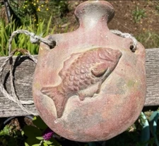 Vintage Hanging Terra Cotta Water Jug Pot Canteen Folk Art Fish