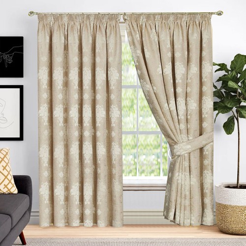 Luxury Pencil Pleat Jacquard Tape Top Pair of Curtains Ready Made Free Tiebacks - Picture 2 of 33