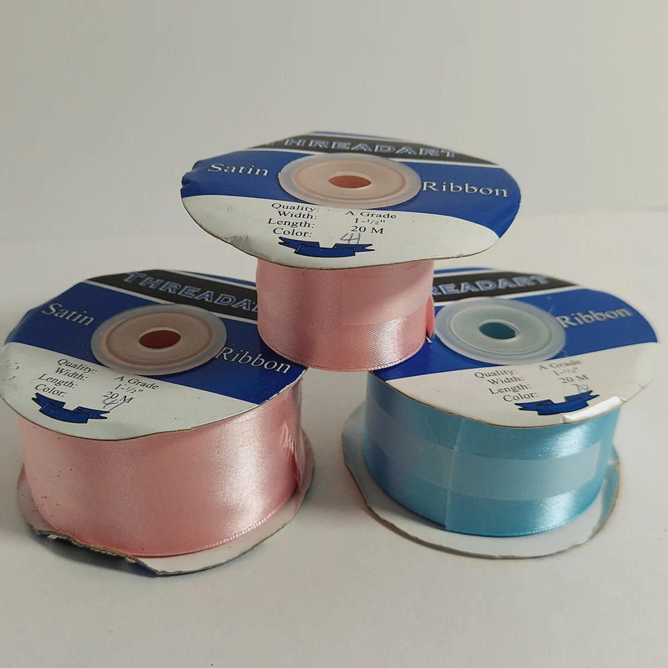 40+ Yds Threadart Satin Ribbon 1-1/2" Wide Solid Pink & Blue Spools 40m Plus Lot - Image 2 of 4