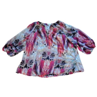 Calvin Klein Top Shirt Womens 1X Red Beige Feathers Flowy Sheer Career Casual