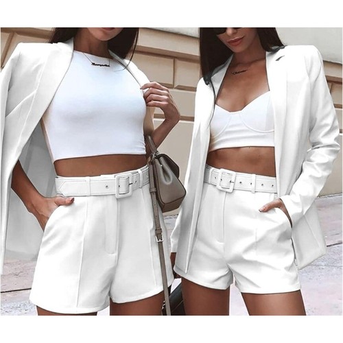Milk & Honey White Blazer and Shorts Set Chic Belted High Waist Medium NWT