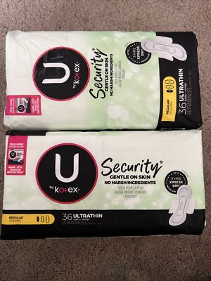 2 Packs U by Kotex Security Gentle on Skin Ultra Thin with Wings Regular 36 pads