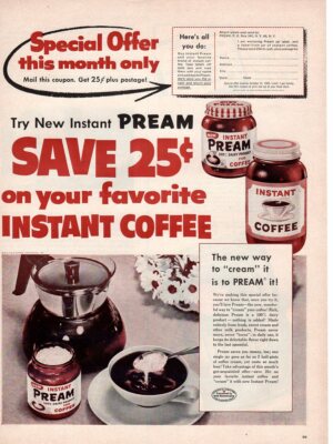 Vintage advertising print Drink Coffee PREAM or Cream Special Offer Save 1955 ad